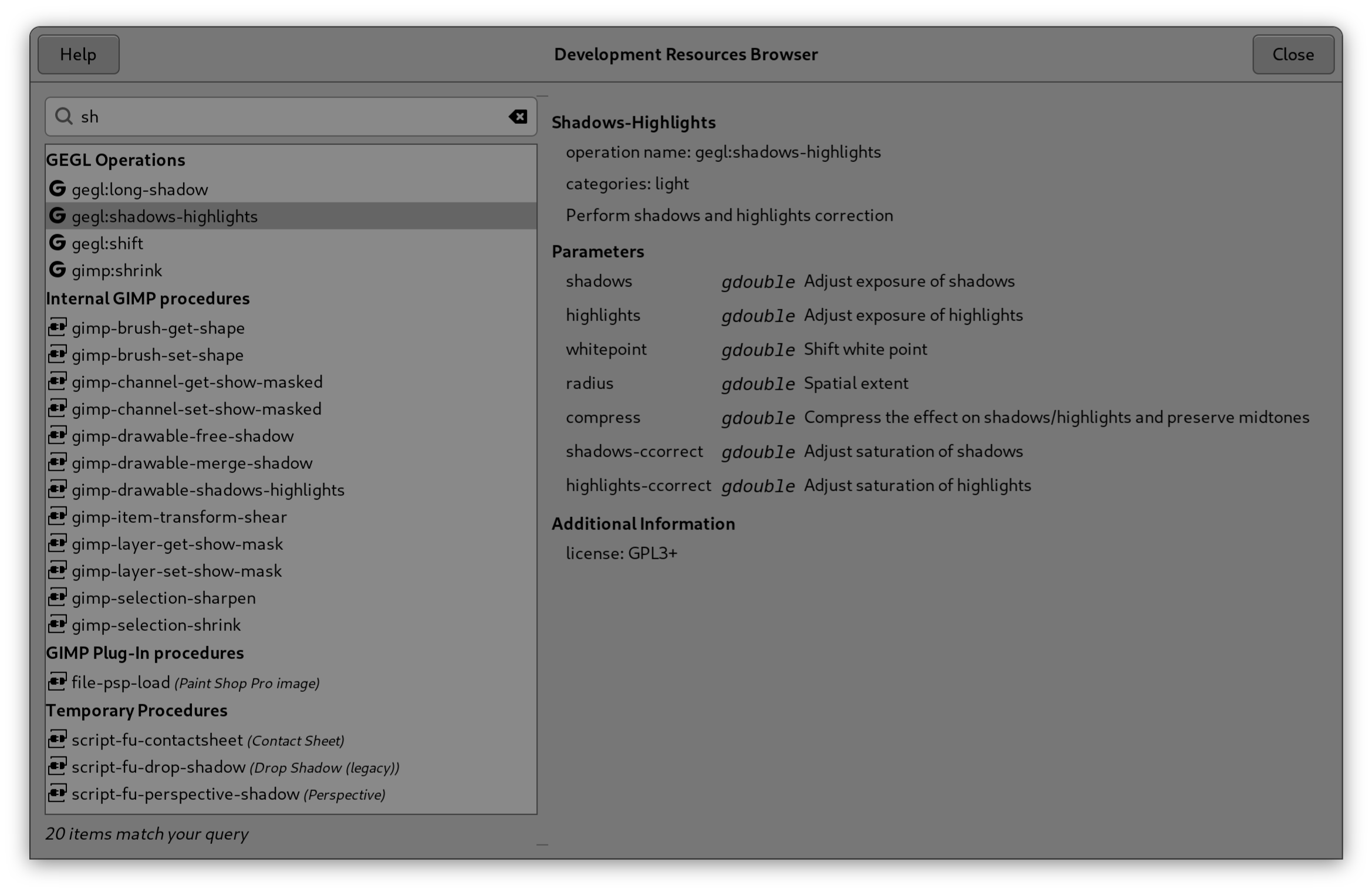 A screenshot of an in-development browser combining GIMP’s PDB, Plug-in and GEGL Filter browsers
