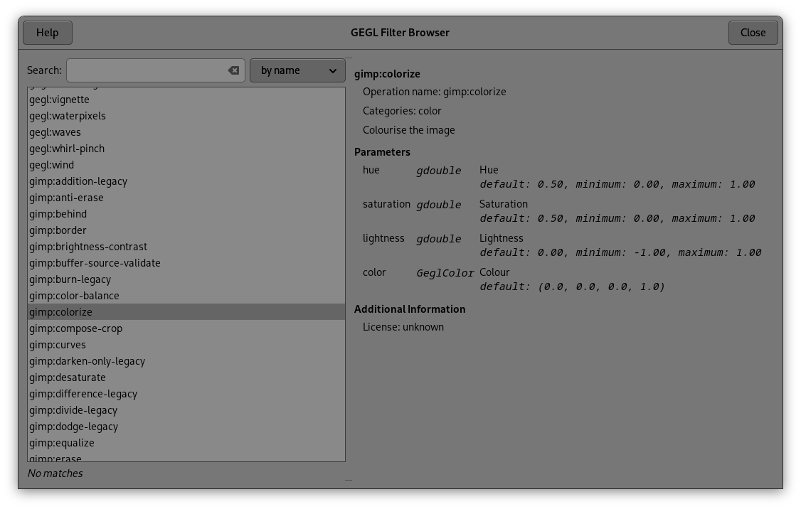 A screenshot of the new GEGL Filter Browser